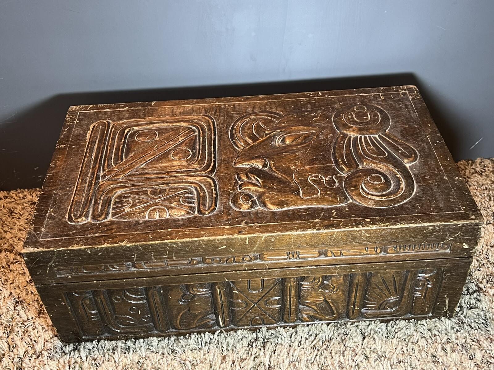 Large Hand Carved Wooden Chest W/Hinged Lid Aztec 17 1/2 By 9 3/4 By 6 1/4.