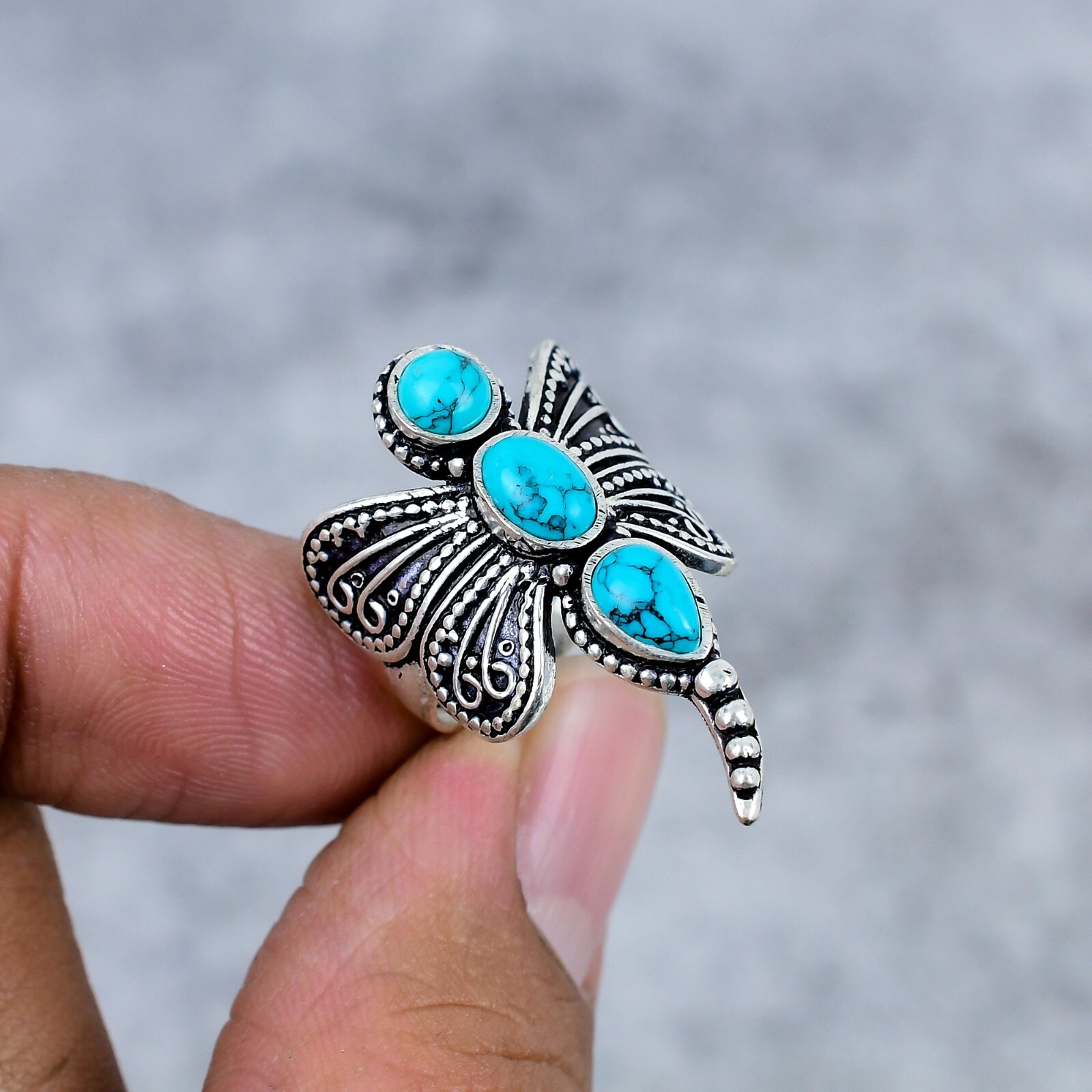 Turquoise Gemstone 925 Sterling Silver Dragon Fly Ring Jewelry Gift For Birthday