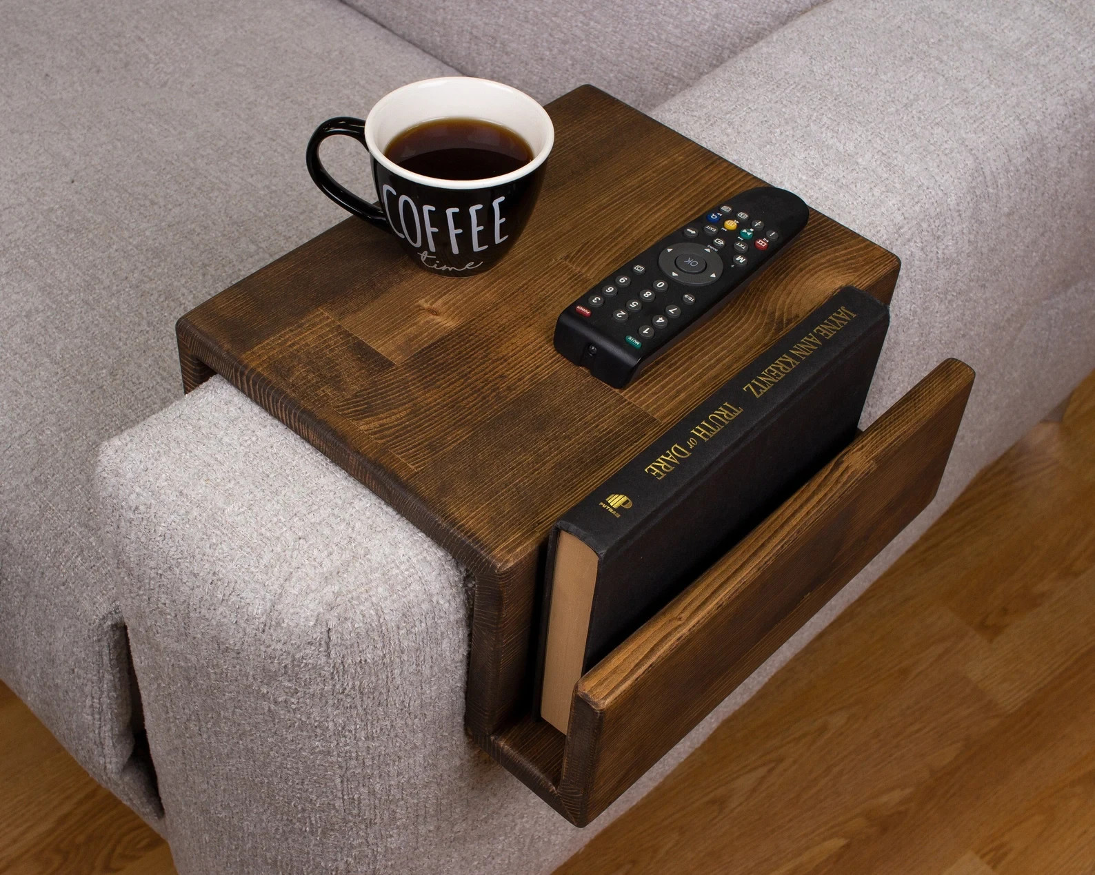 Couch Arm Rest Table with Magazine Stand, Modern Wood Armrest Table, Simply Sofa