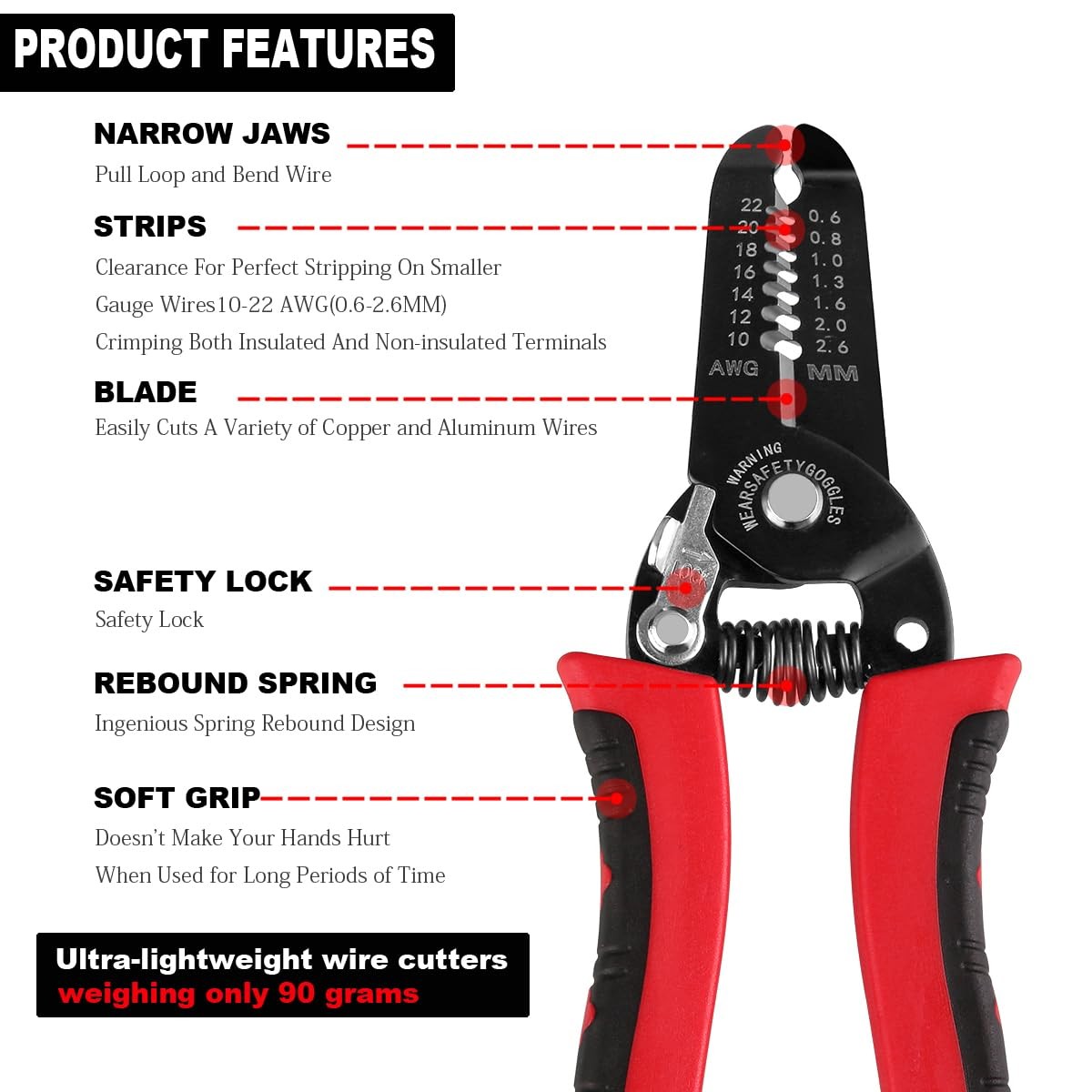 10-22 AWG Wire Stripper Cutter, Multifunctional Multi-Size Wire Stripping Too...