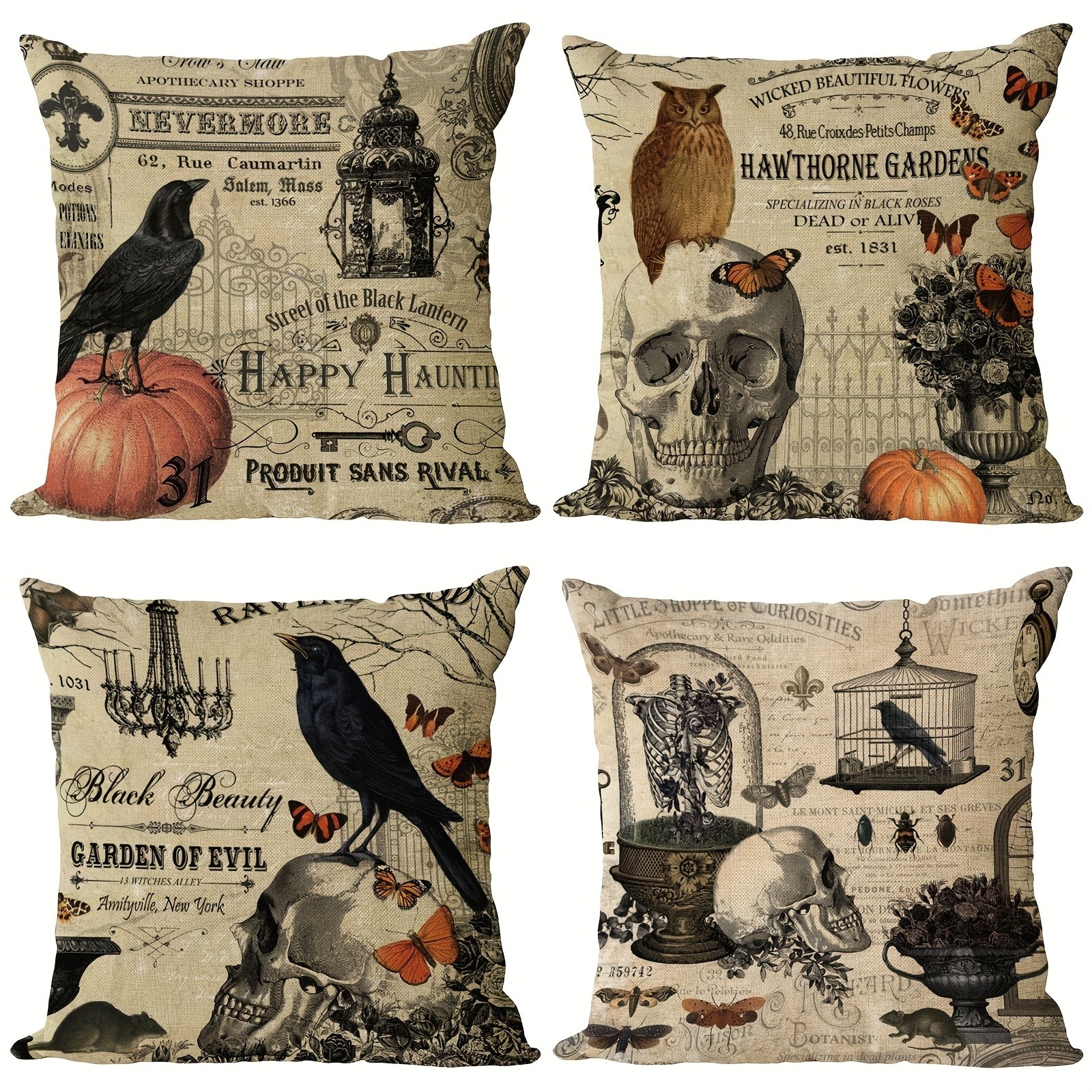 Spooky Gothic Decor Pillow Covers Set of 4 Skull Crow Indoor Sofa Accent