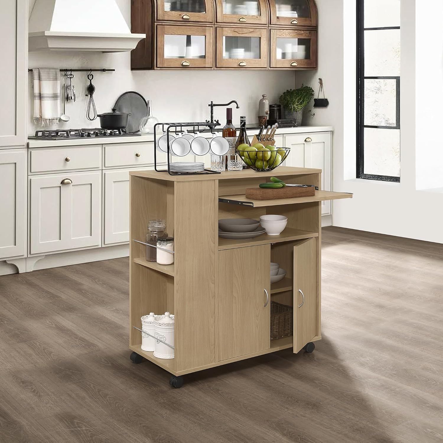 Beech Wood Rolling Kitchen Island Cart with Storage Cabinet on Wheels