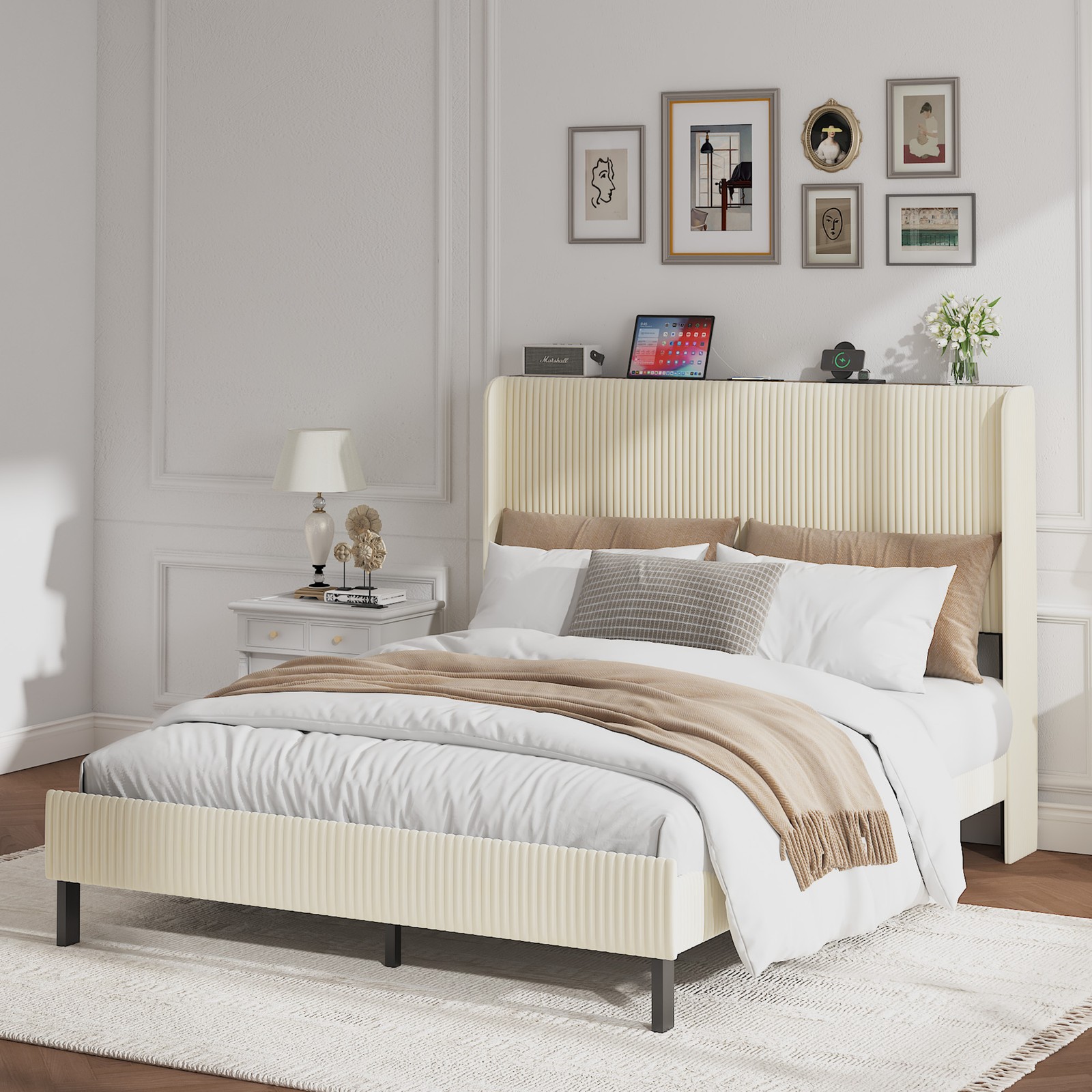 Queen Size Platform Bed , Metal Bed Frame with Charging Station, No Box Spring