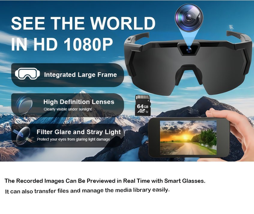 64GB Sports Recording Sunglasses，Hands-Free Outdoor Action Camera，Cycling/Skiing
