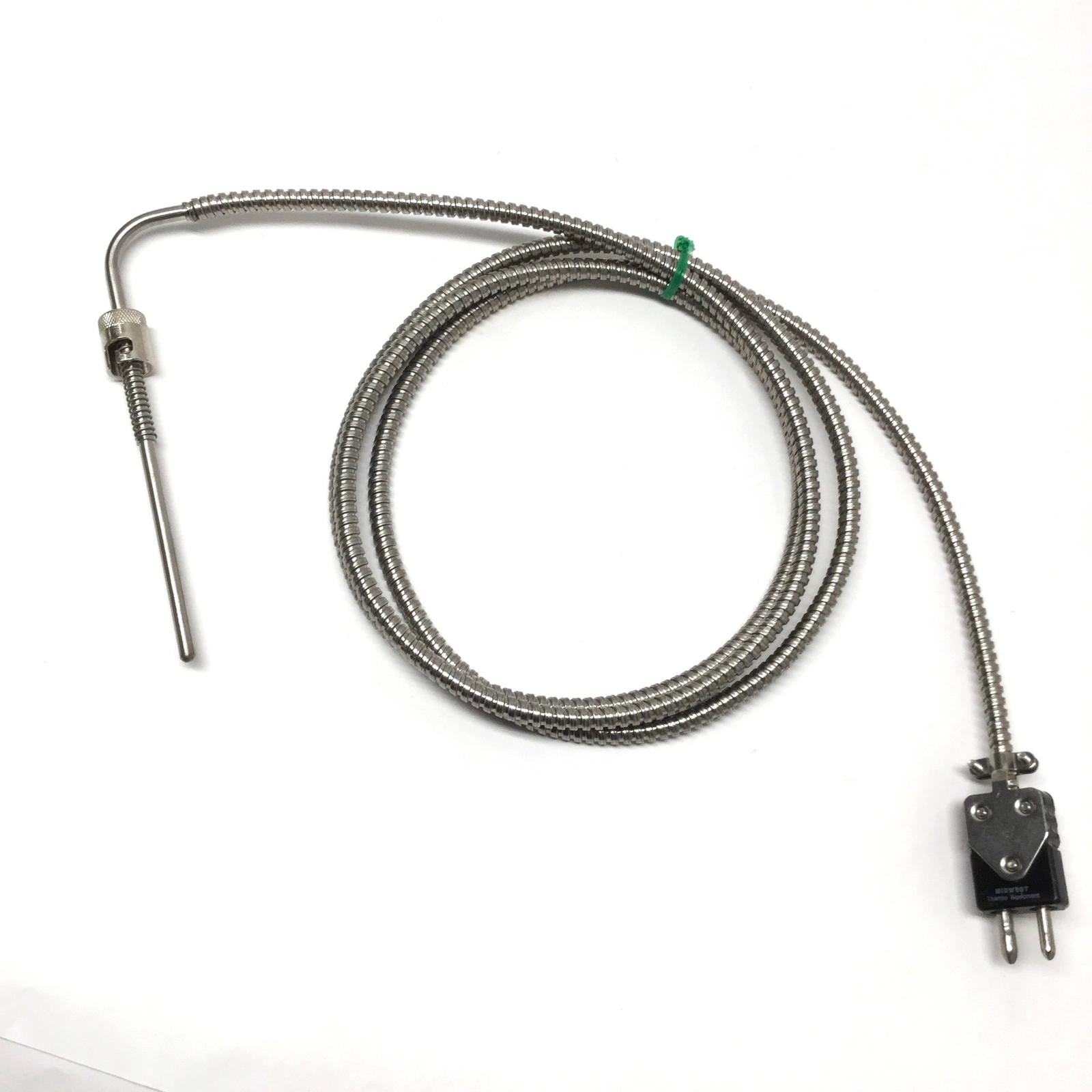 Midwest 90° Rigid Sheath Bayonet Thermocouple, SS Hose, Type J, 4.5" x Ø3/16"