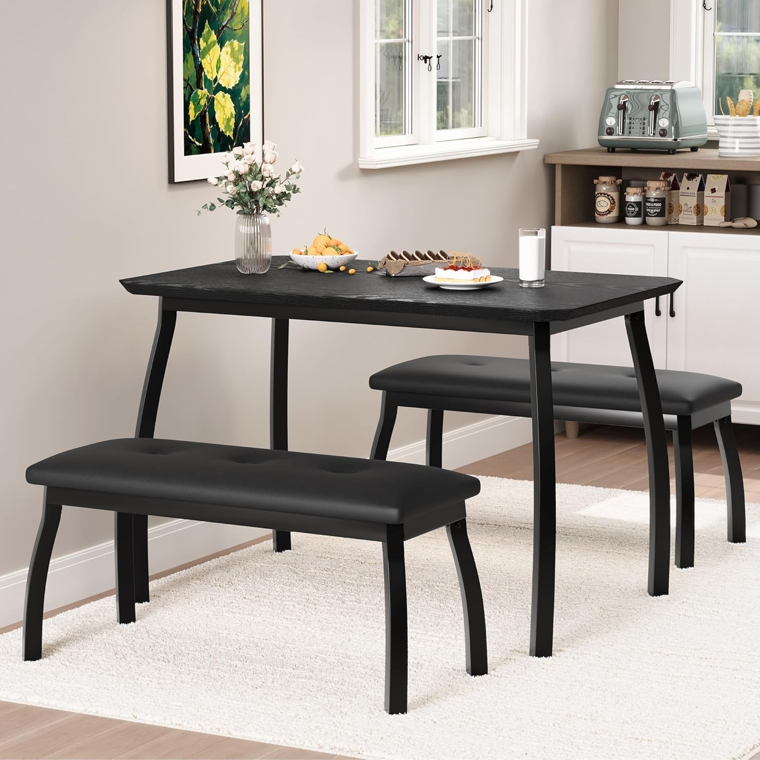 3 pcs Dining Table Set for 4 Kitchen Table with 2 Upholstered Bench Dining Room