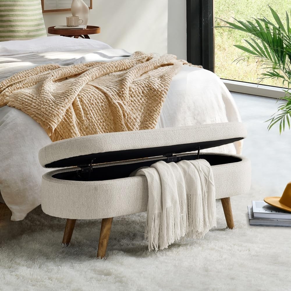 Storage Ottoman Bench, 43.5 Inches Ottoman with Storage, Linen Upholstered Bench