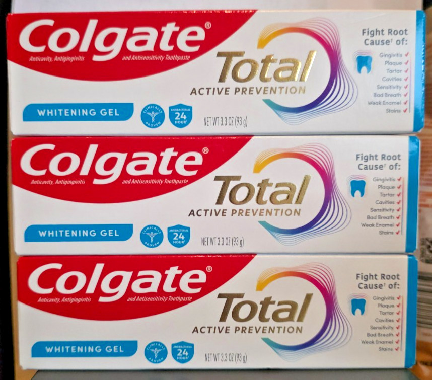 3X Colgate Total Active Prevention Whitening Gel Toothpaste, 3.3oz