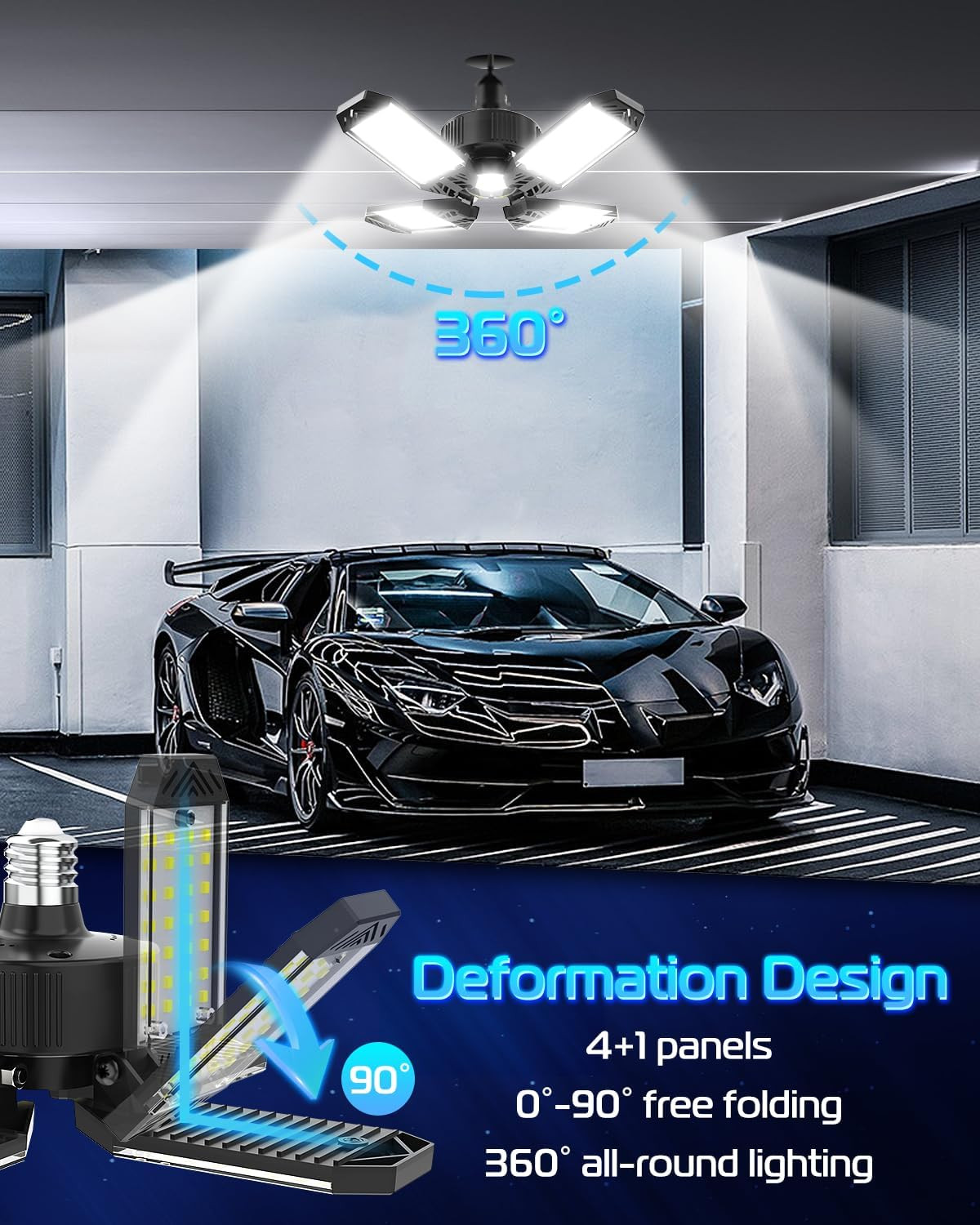 LED Garage Light - 4 Pack 130W 13000LM Deformable 4+1 Panel LED Garage Ceiling L