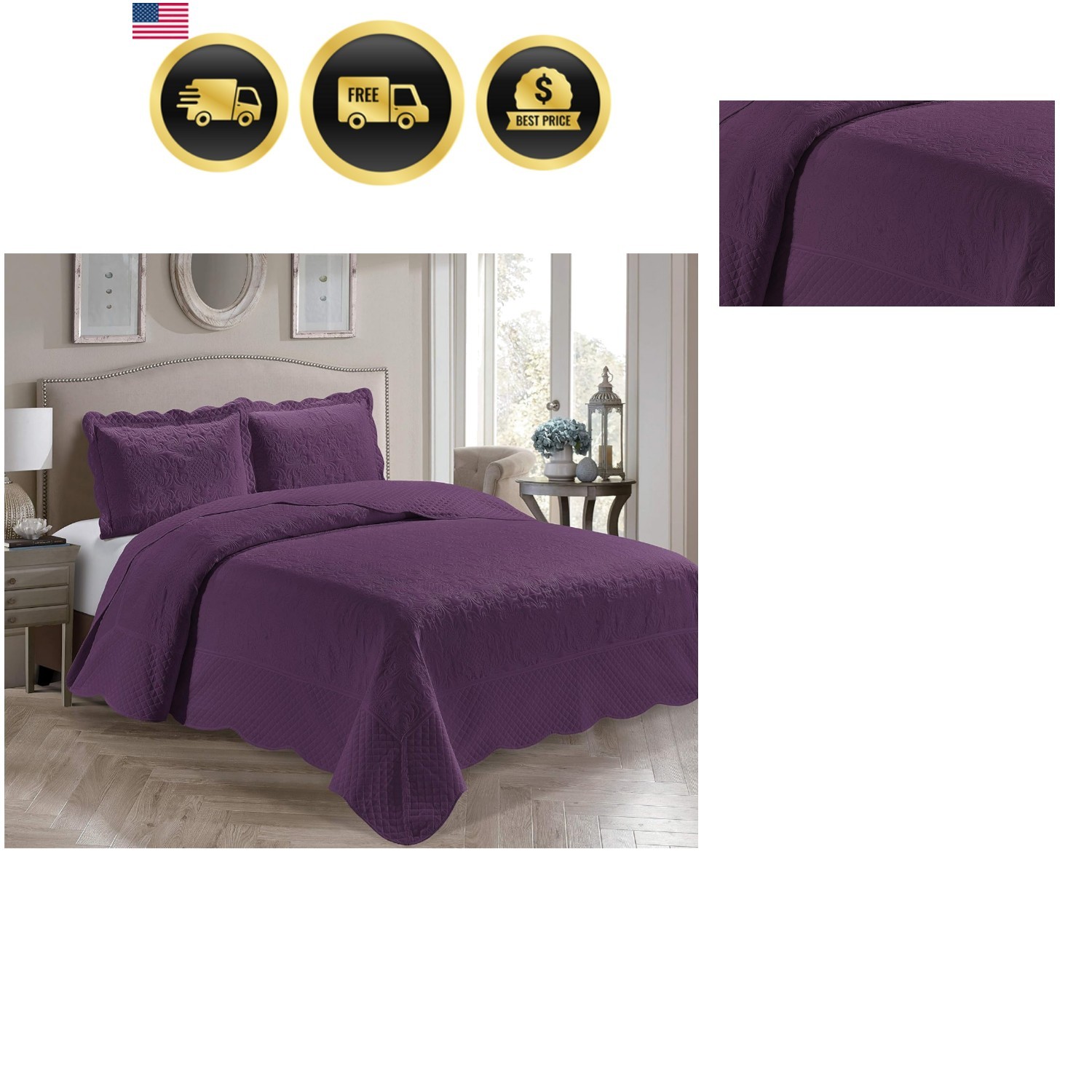 3 Piece King/California King Over Size Embossed Solid Purple Color Coverlet B...