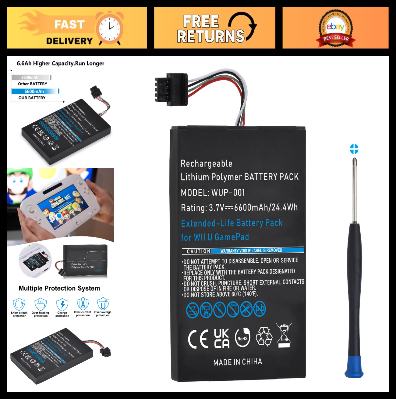 High-Capacity 6600mAh Rechargeable Battery for Wii U Gamepad - Replacement WUP-0