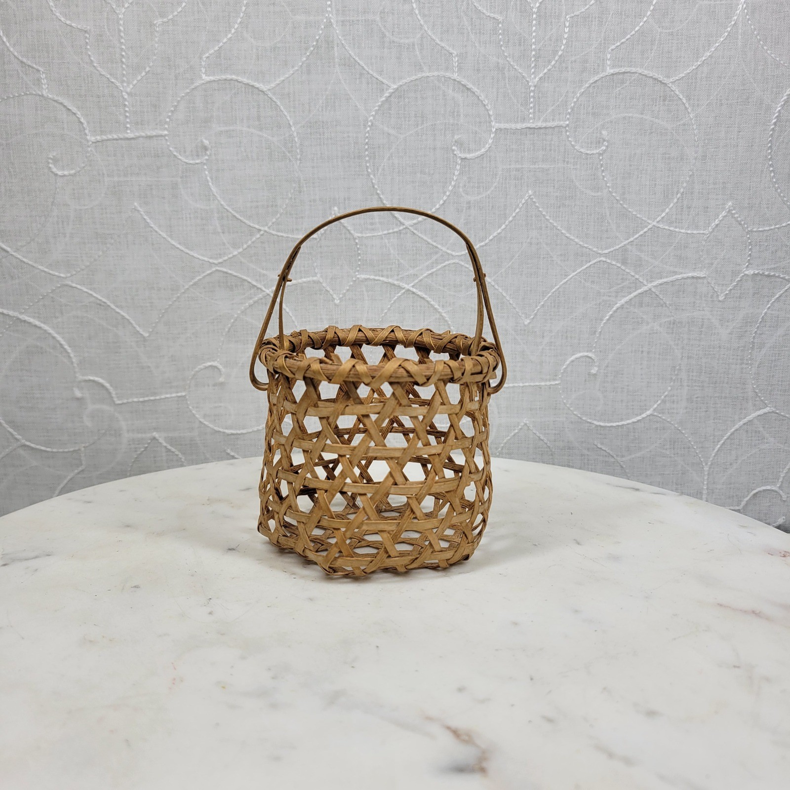 Antique Handwoven Basket Small Open Lattice Hex Weave Bentwood Handle Rustic