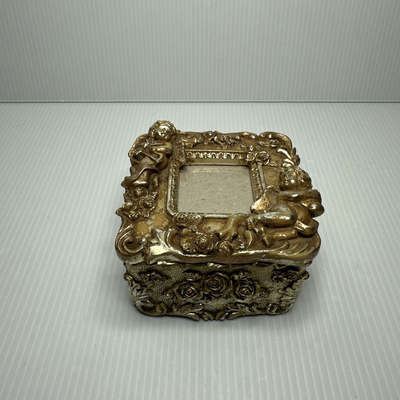 Vtg Ornate Cherub Jewelry Box with Photo Window Rococo Baroque Style