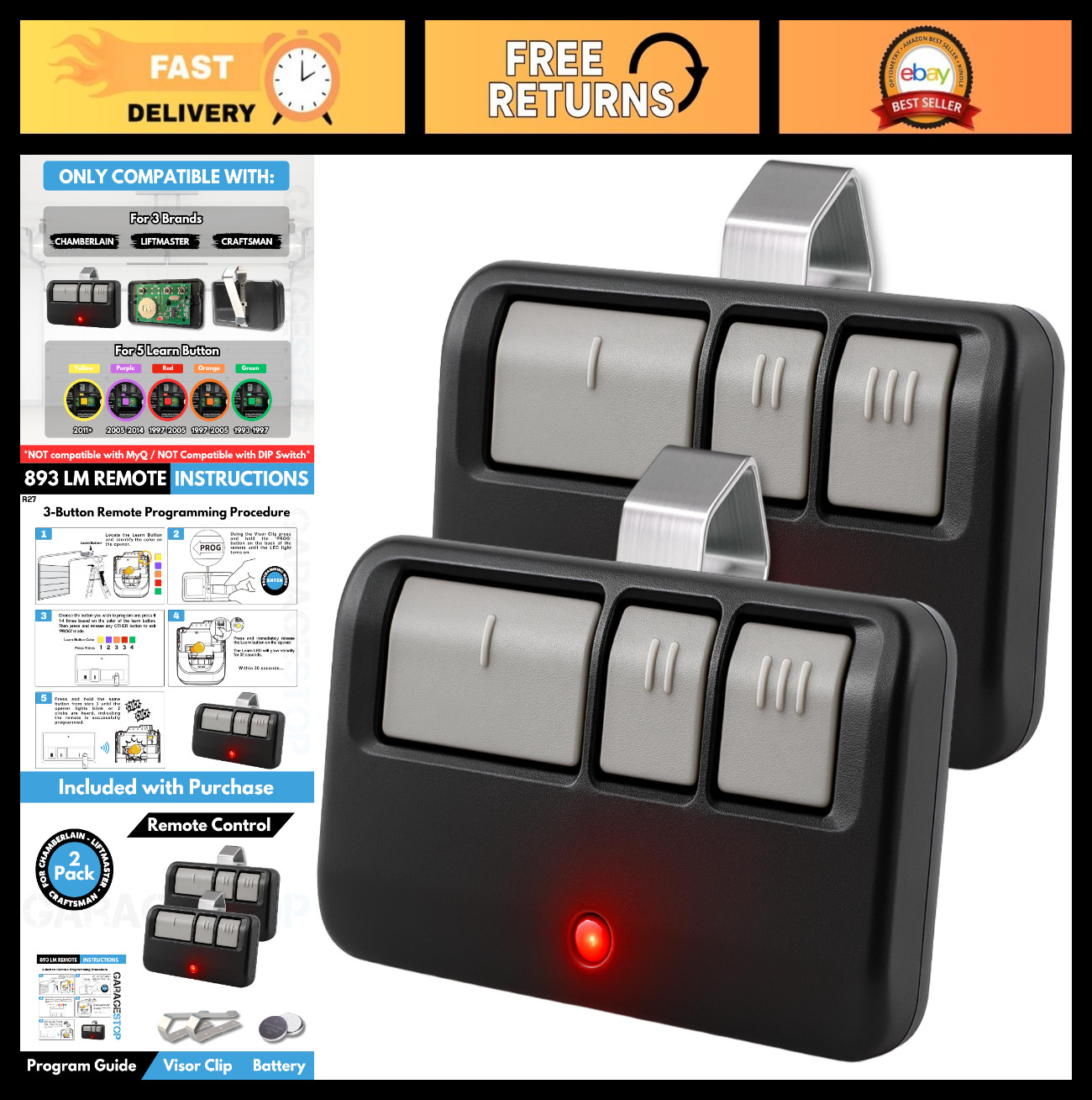 Universal Garage Door Opener Remote Replacement - 2X, 5 Learn Buttons, Compatibl