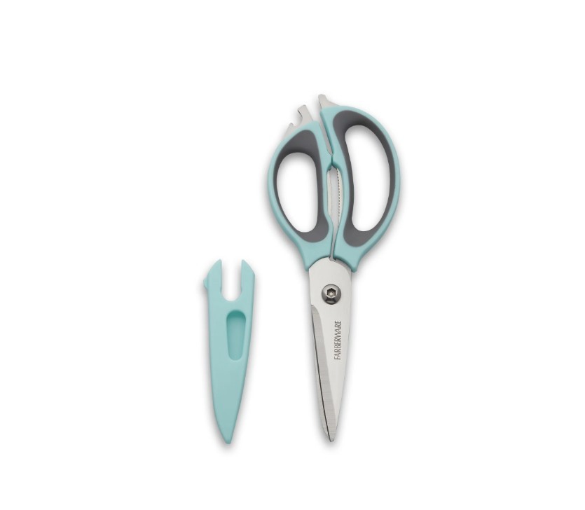 Farberware 4 in 1 Stainless Steel Scissors w/Blade Cover Aqua and Gray Handle