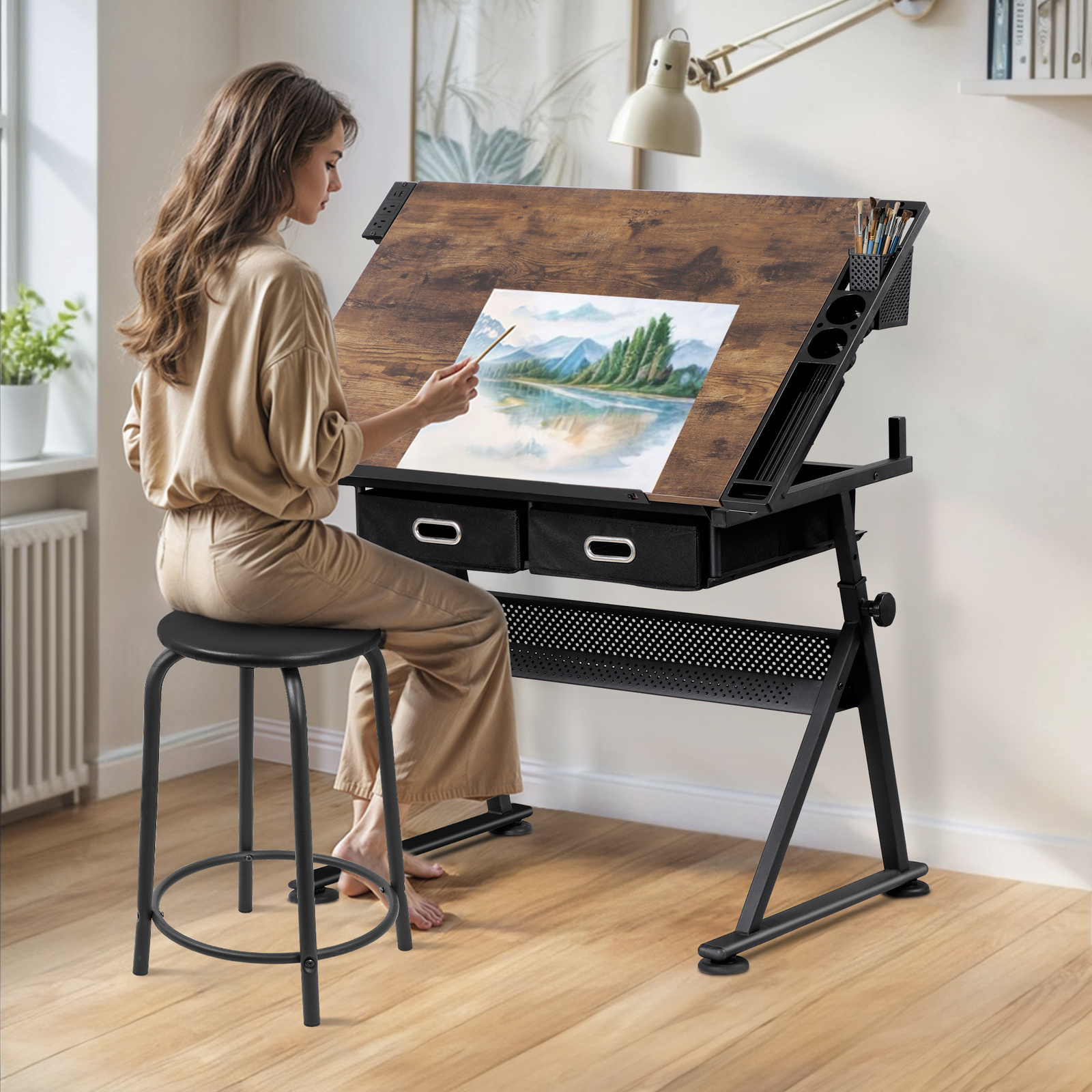 Adjustable Drawing Writing Table Stool w/ 2 Drawers for Artwork Art Desk Retro