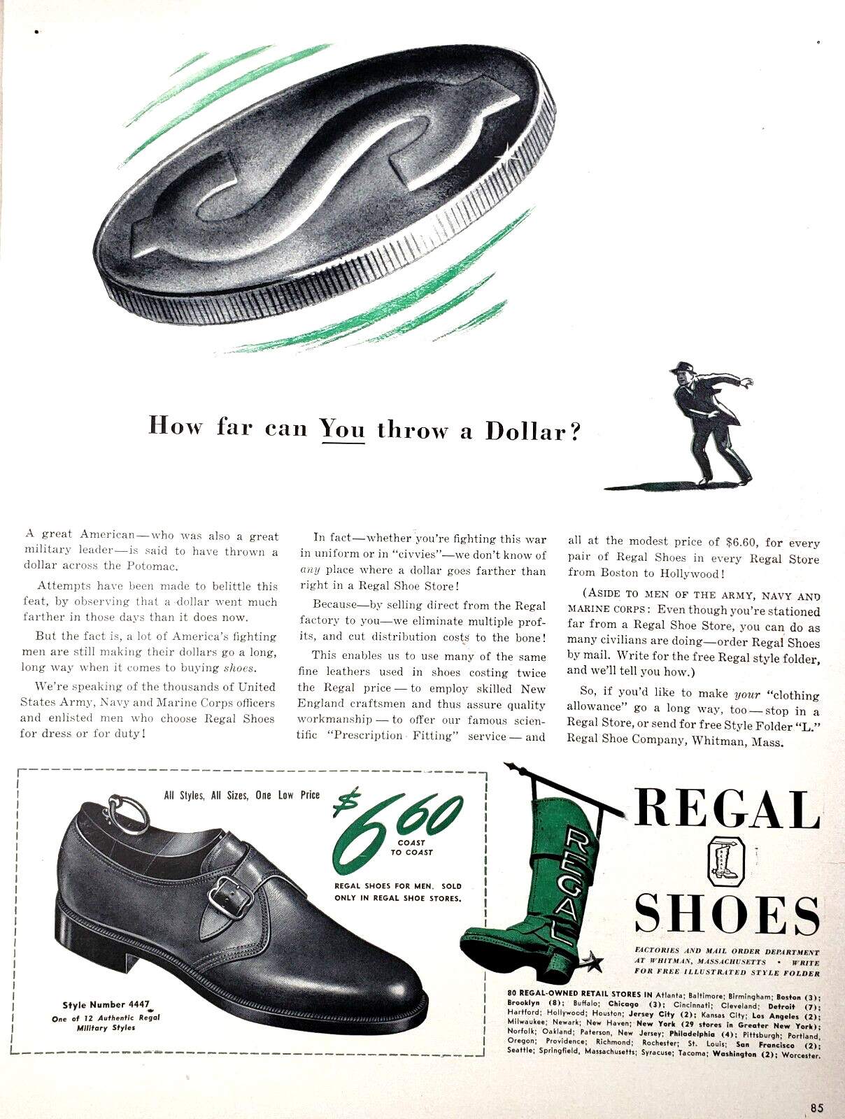 PRINT AD 1942 Regal Shoes Style 4447 How Far Can You Throw a Dollar 10.5x13 Vtg