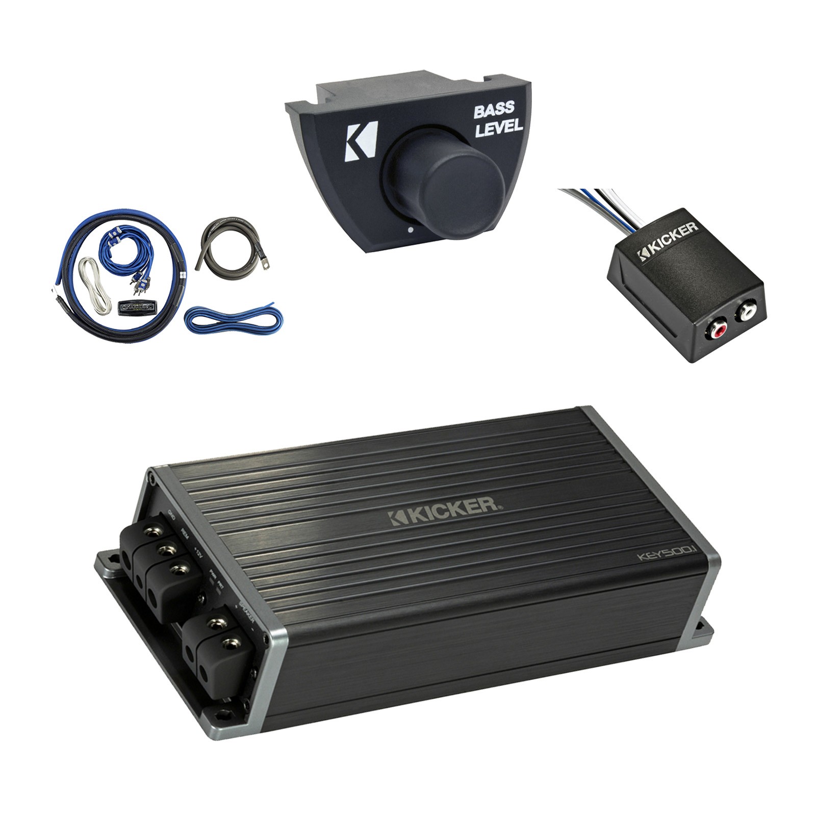 Kicker KEY5001 500W Mono Amplifier, Remote, Install Kit, Stereo Output Converter