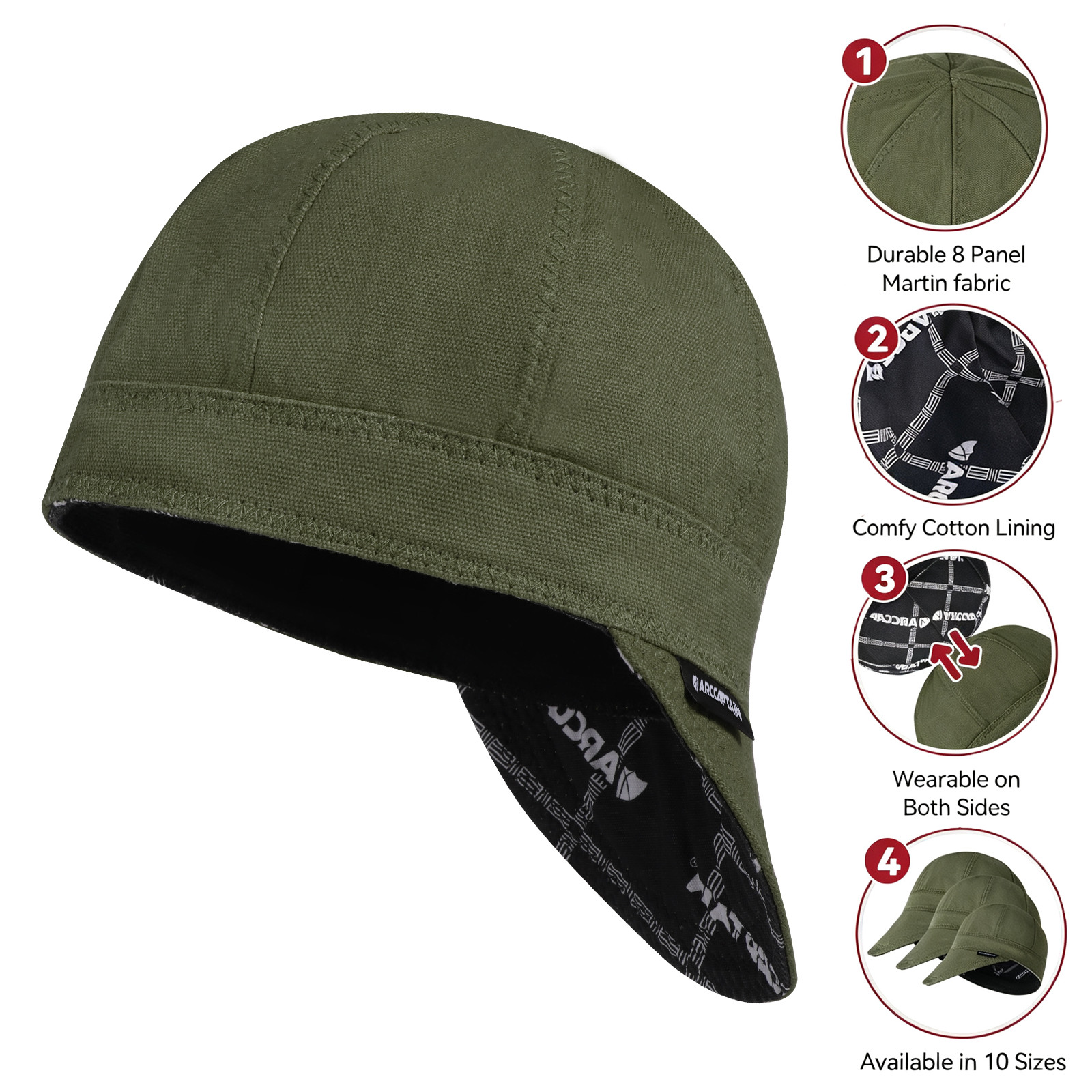 ARCCAPTAIN Reversible Welding Cap Protective Welders Hat Fireproof Cotton Green
