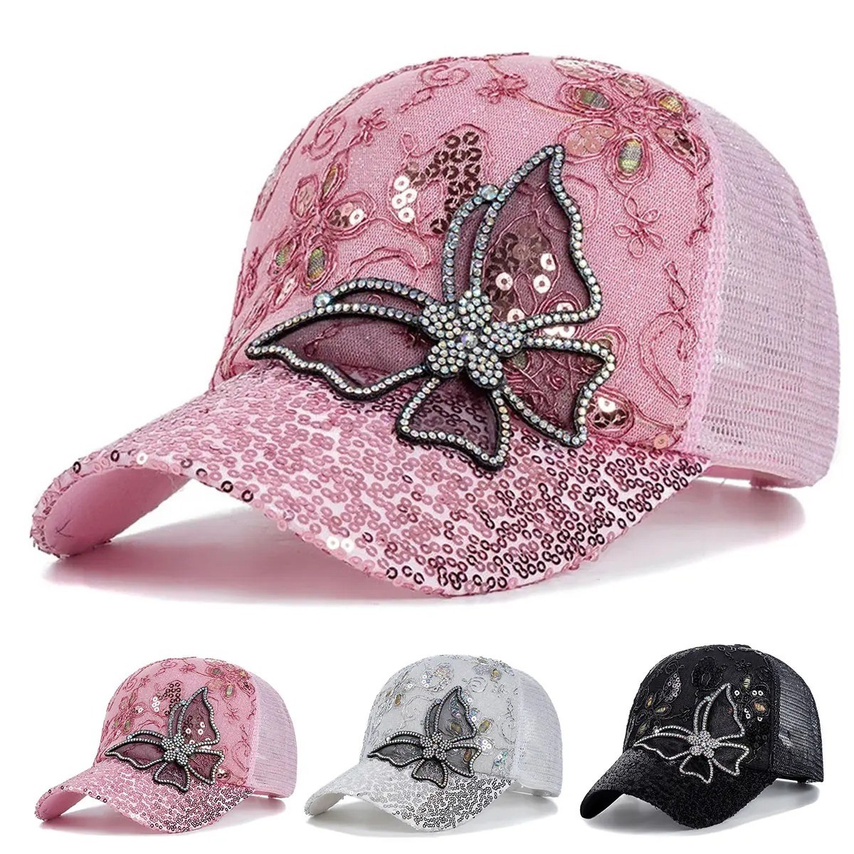 Butterfly Lace Glitter Mesh Baseball Cap Unisex Adjustable Spring Summer Hat