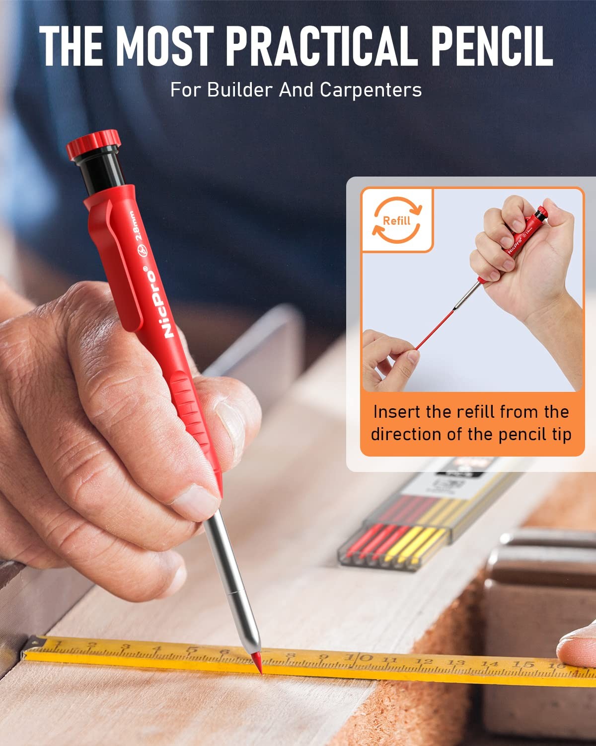 Nicpro MG396 Carpenter Pencil Set with Sharpener 26 Refill