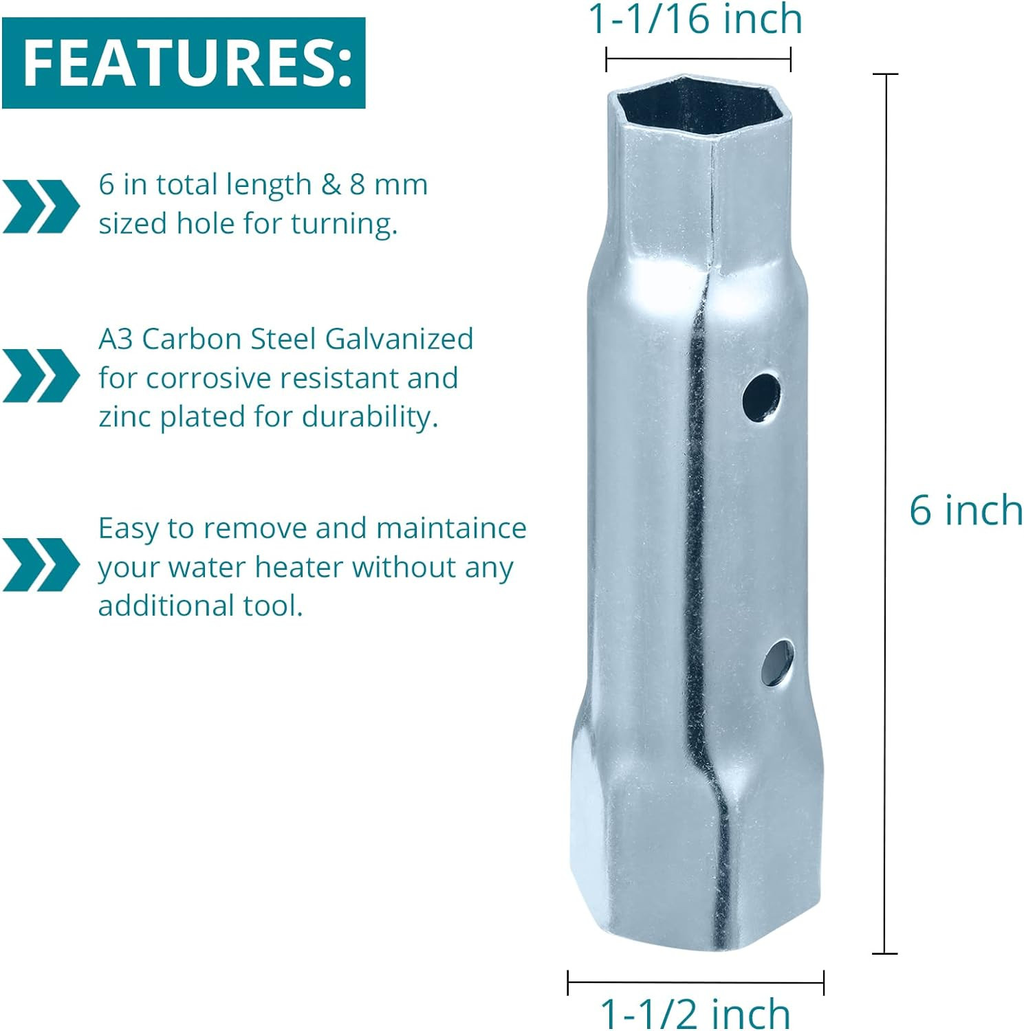 Dual Hex Wrench Removal Tool for Anode Rod and Water Heater Element, 1-1/16 in X