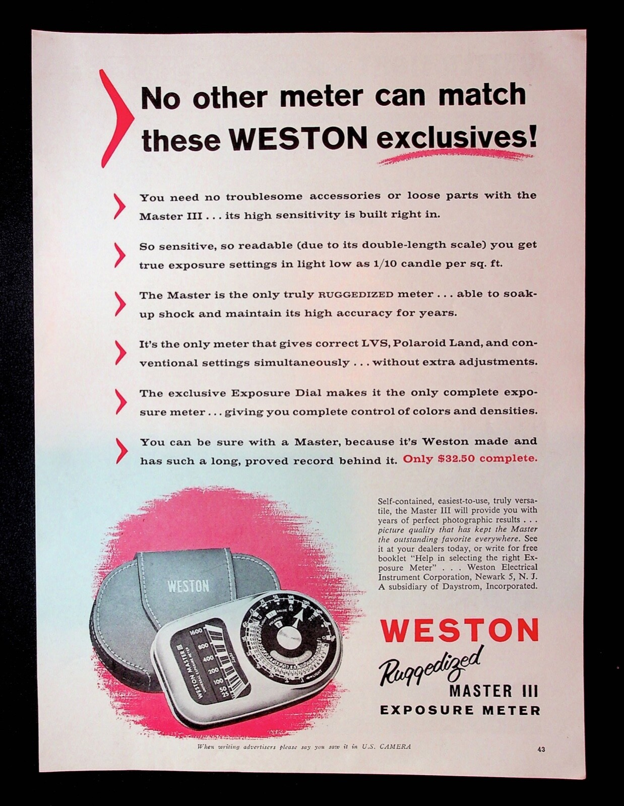 1956 Weston Master III Exposure Meter Vintage Print Ad