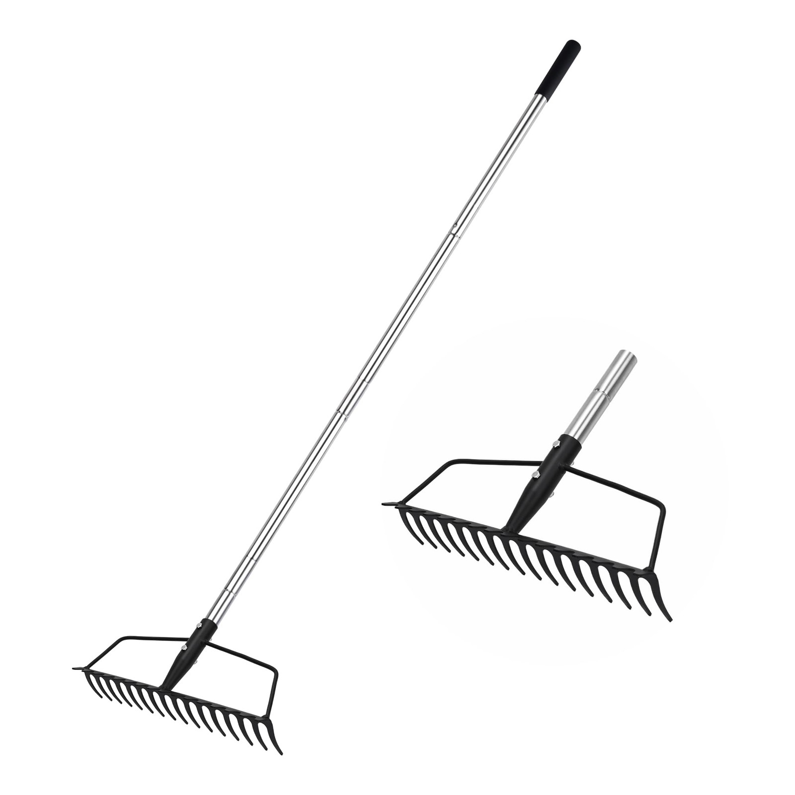 Garden Rake, Heavy Duty 16-Tine Bow Rake with Adjustable Stainless Steel Hand