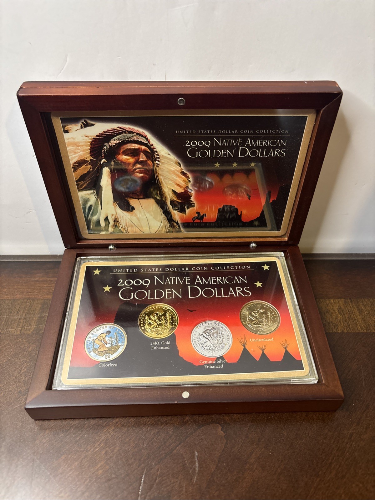 2009 Native American Golden Dollars/ Four Coin Set wooden box