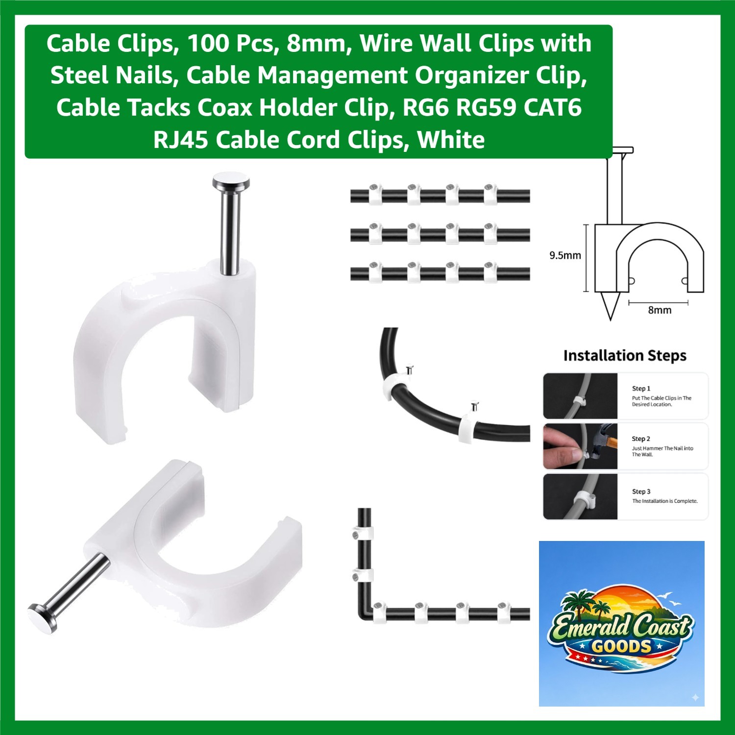 100 Pcs 8mm Cable Clips with Steel Nails – Modern White Cable Management