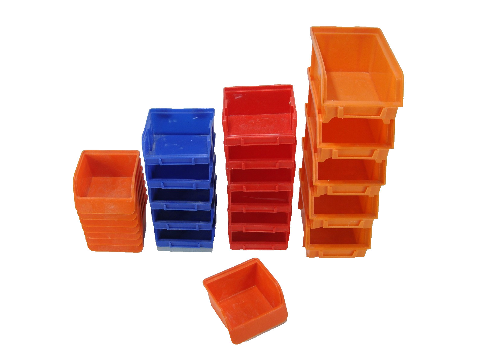 Qty: 24 Parts Bins - Some Stacking Some Hanging 6.5" X 4"x3" 3.5" x 4"x 2"