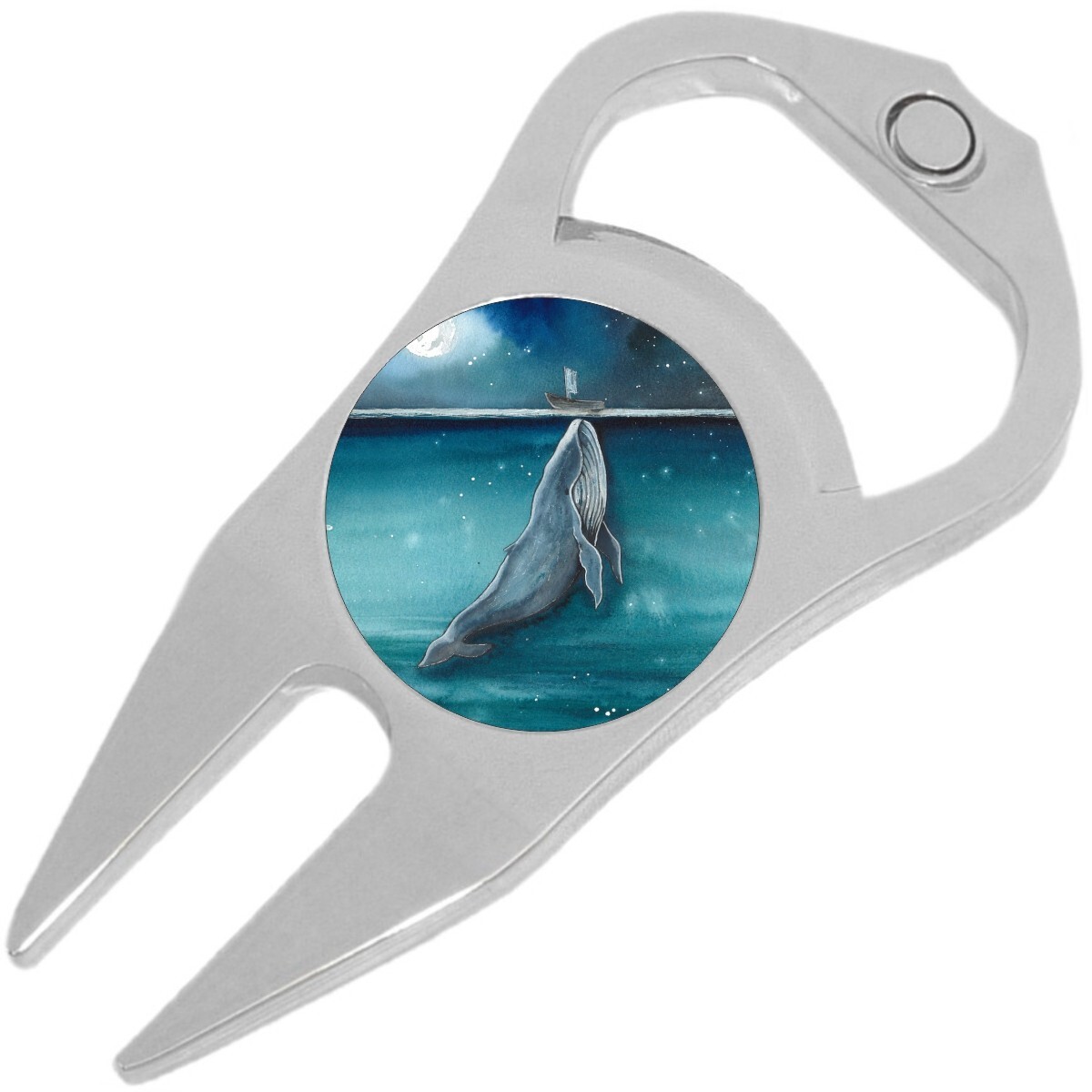 Whale and Boat in Moonlight Golf Ball Marker Divot Repair Tool Bottle Opener