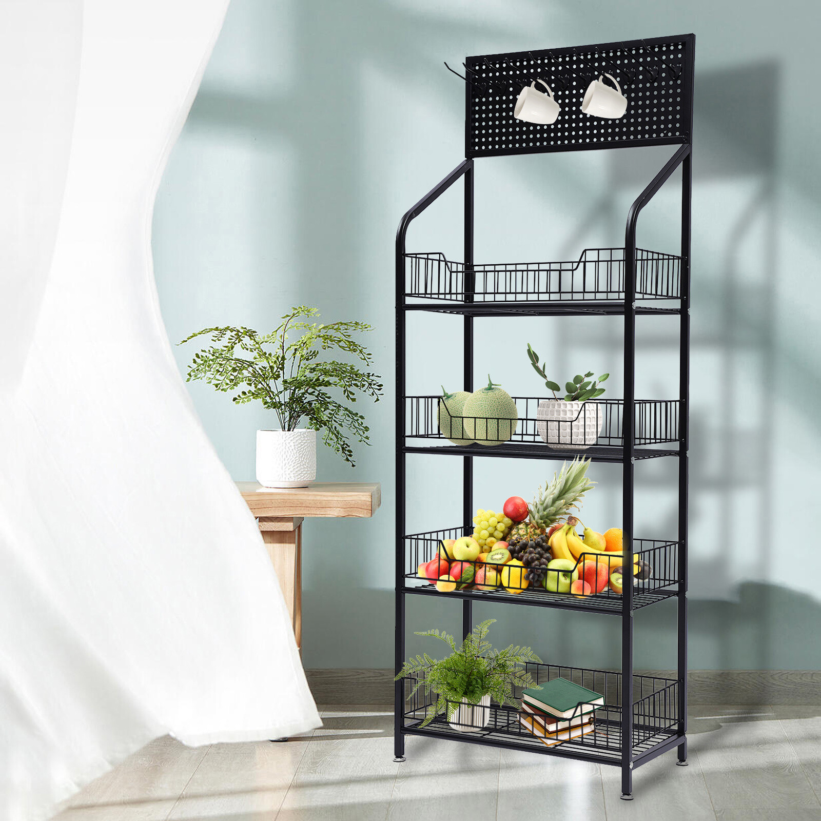 4-Tier Metal Baker's Rack With Locking Wheels, Wine Rack & 5 Hooks