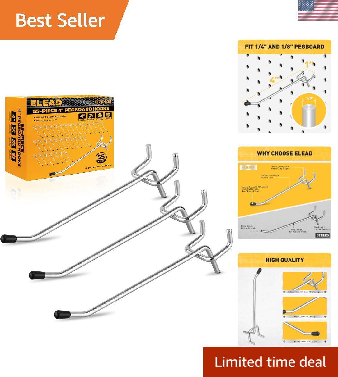 55-Piece 4 Inch Pegboard Hooks, Heavy Duty Peg Board Organizer Accessories, Peg