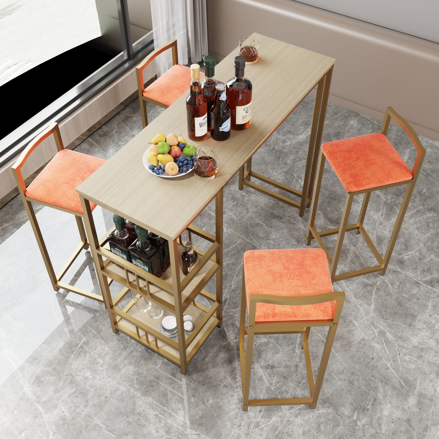 5 Piece Bar Table Set Counter Height Kitchen Rectangle Table with 4 Bar Chairs