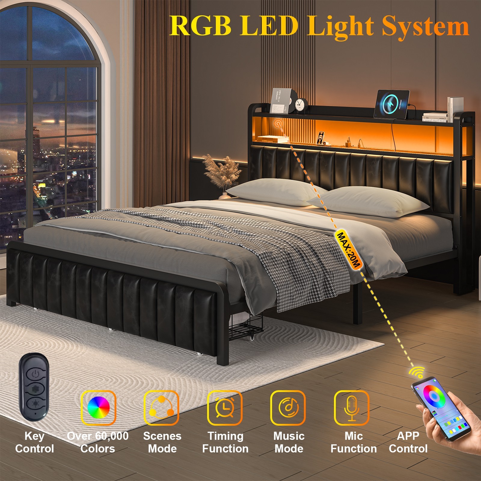 Full Queen Size Metal LED Bed Frame with Bed End Drawer and Storage Headboard