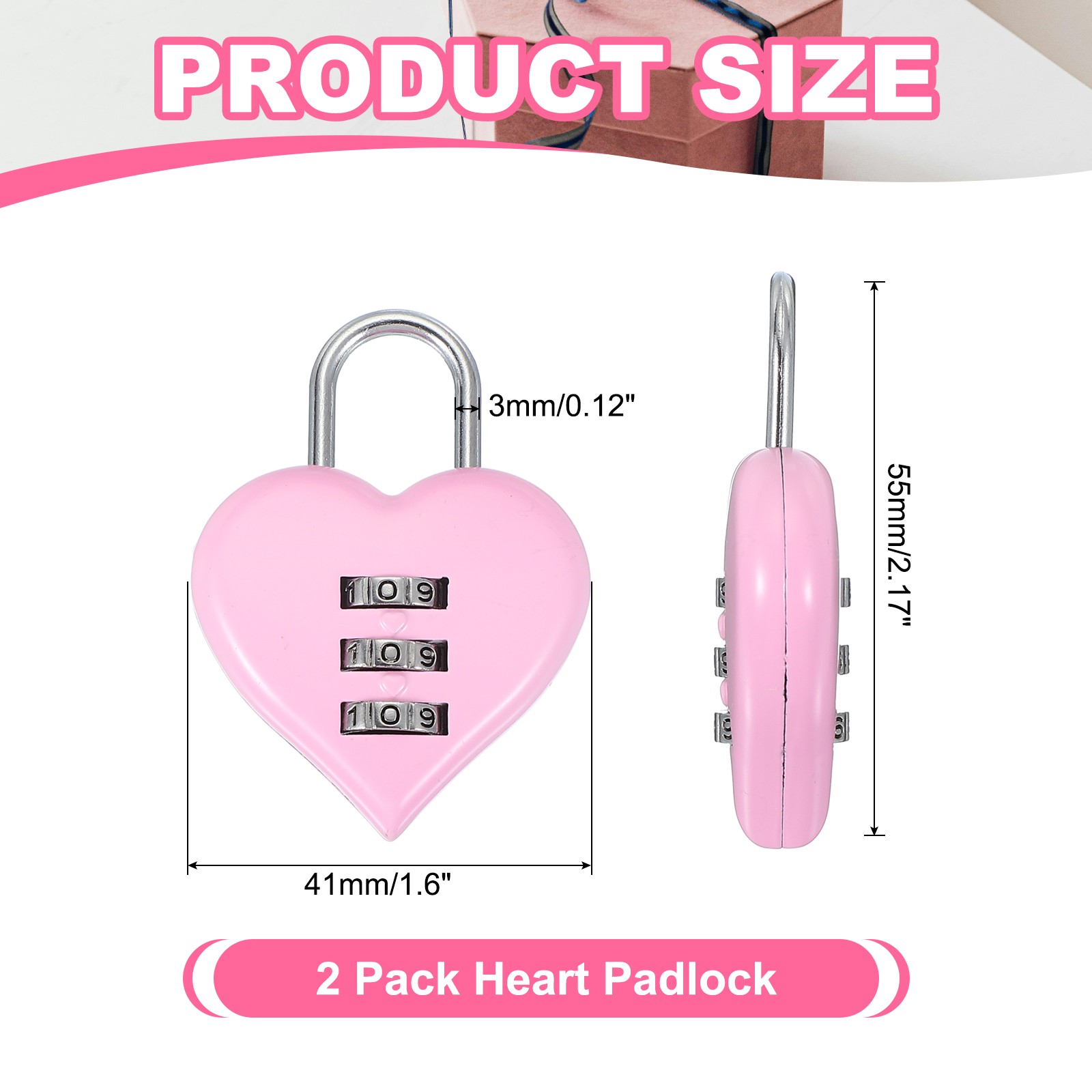 2 Pack Combination Locks Heart Shape Password Padlock Love Locker Lock Pink