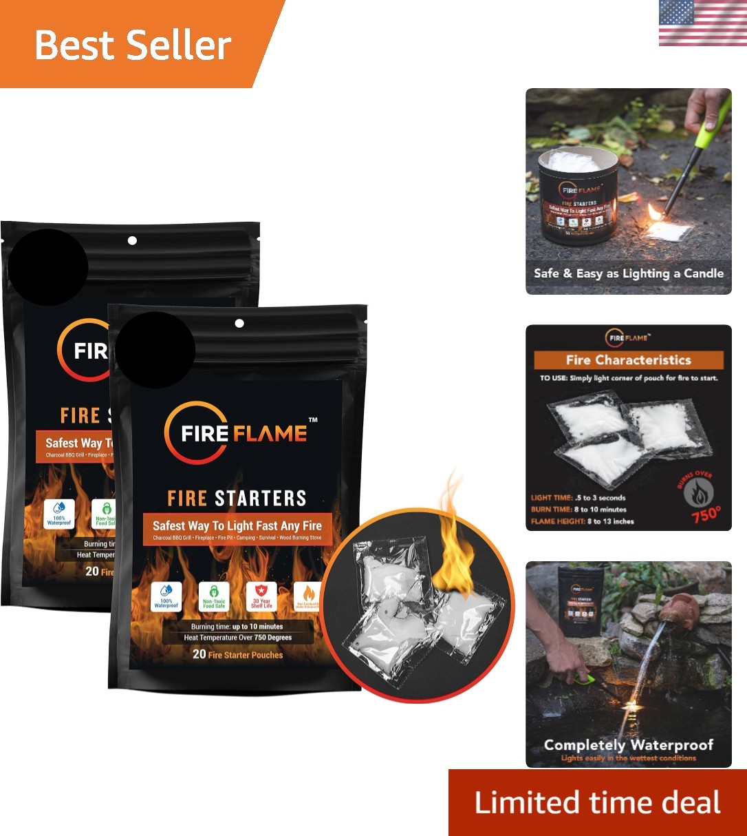 Fireflame Quick Waterproof Fire Starter - 40 Odorless Pouches for BBQ & Campfire