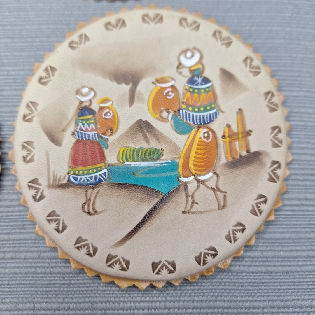Vintage Hand Painted Leather Coasters Set 6 With Holder Peru Folk Art