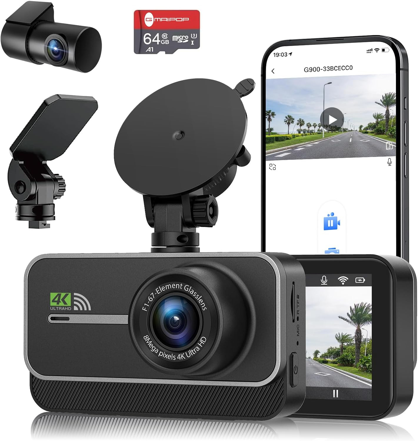 Dash Cam Front and Rear, 4K+1080P WiFi Dual Dash Camera for Car with App Control