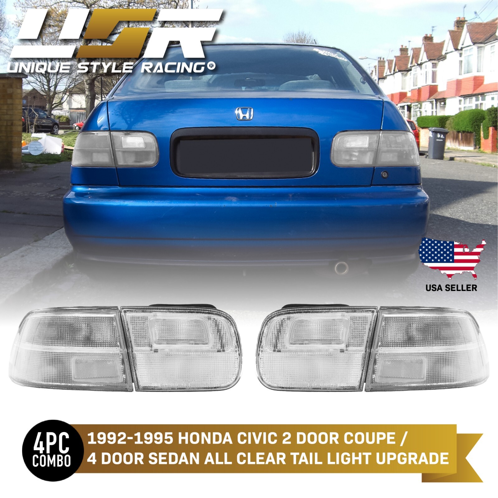 USA Ship JDM EG All CLEAR 4PC Tail Light For 92-95 Honda Civic 2D/4D Coupe/Sedan
