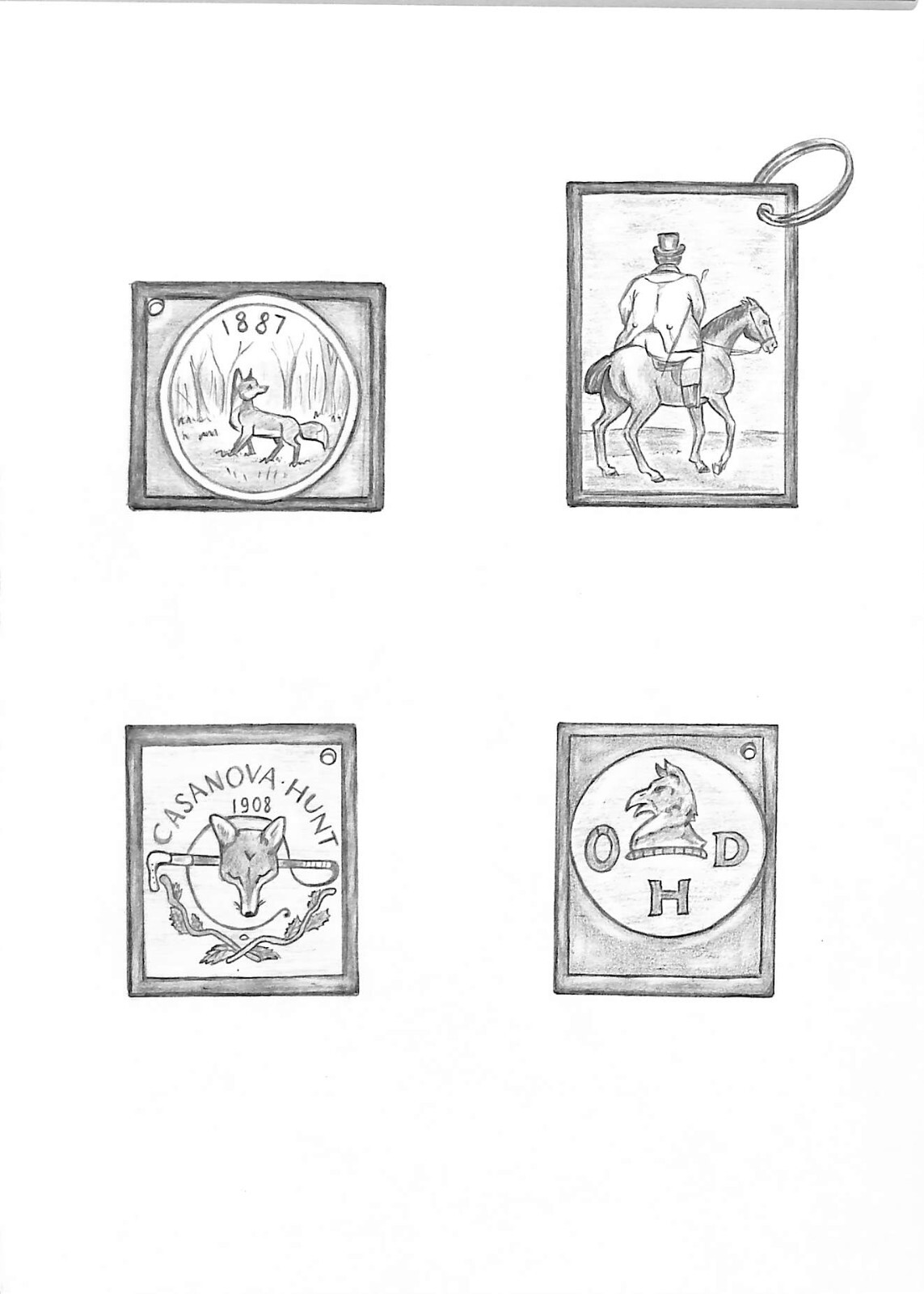 Set x 4 Hunt Club Key Fob Graphite Drawing