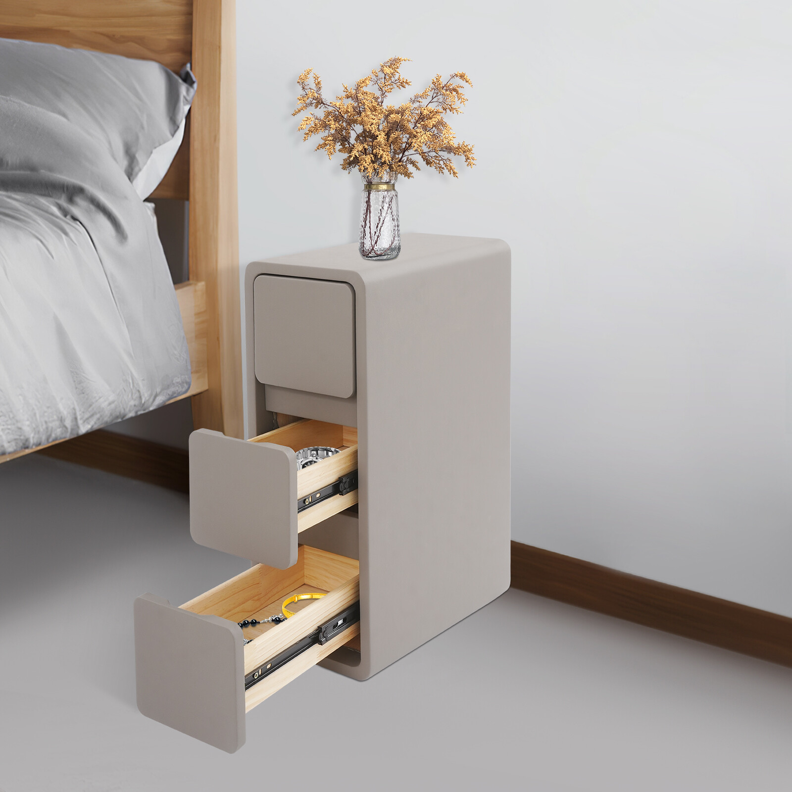 Nightstand, Bedside Table with Drawers, Small Narrow Nightstand Deep Gray