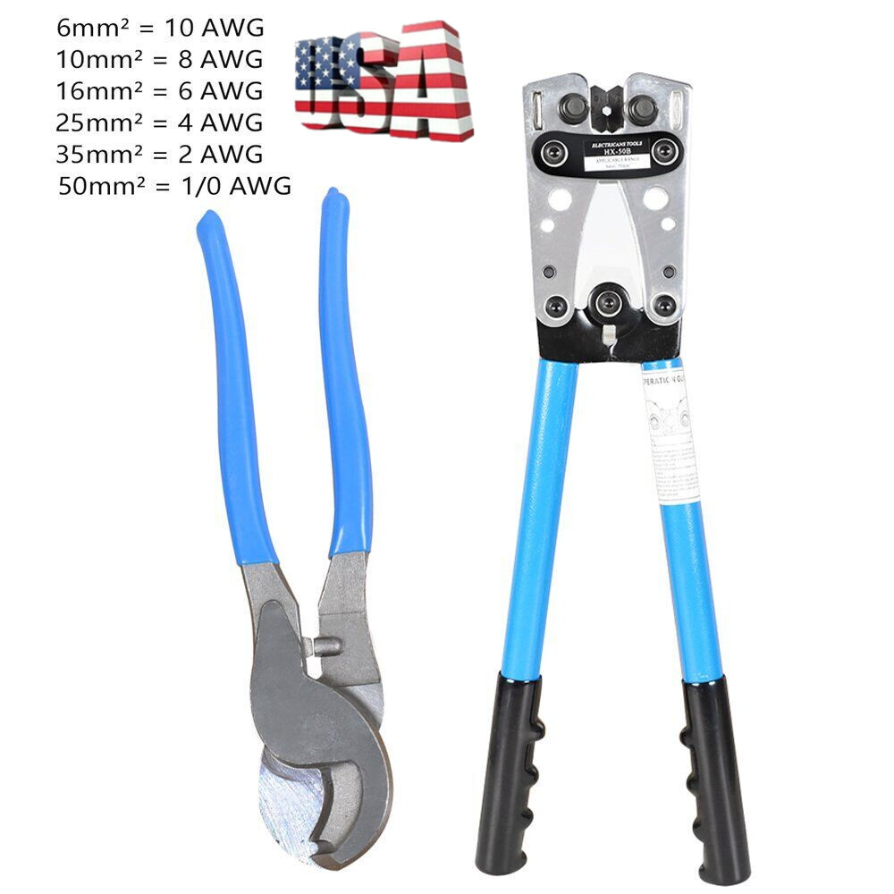 6-50mm² Battery Cable Lug Crimping Tool Wire Crimper With Cable Cutter 10-0 AWG