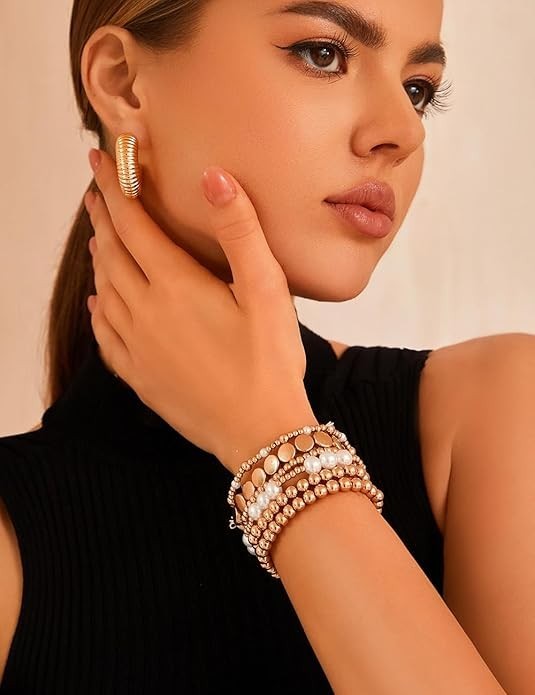 Gold Pearl Beaded Bracelets for Women,Gold Pearl Stackable Stretch Bead