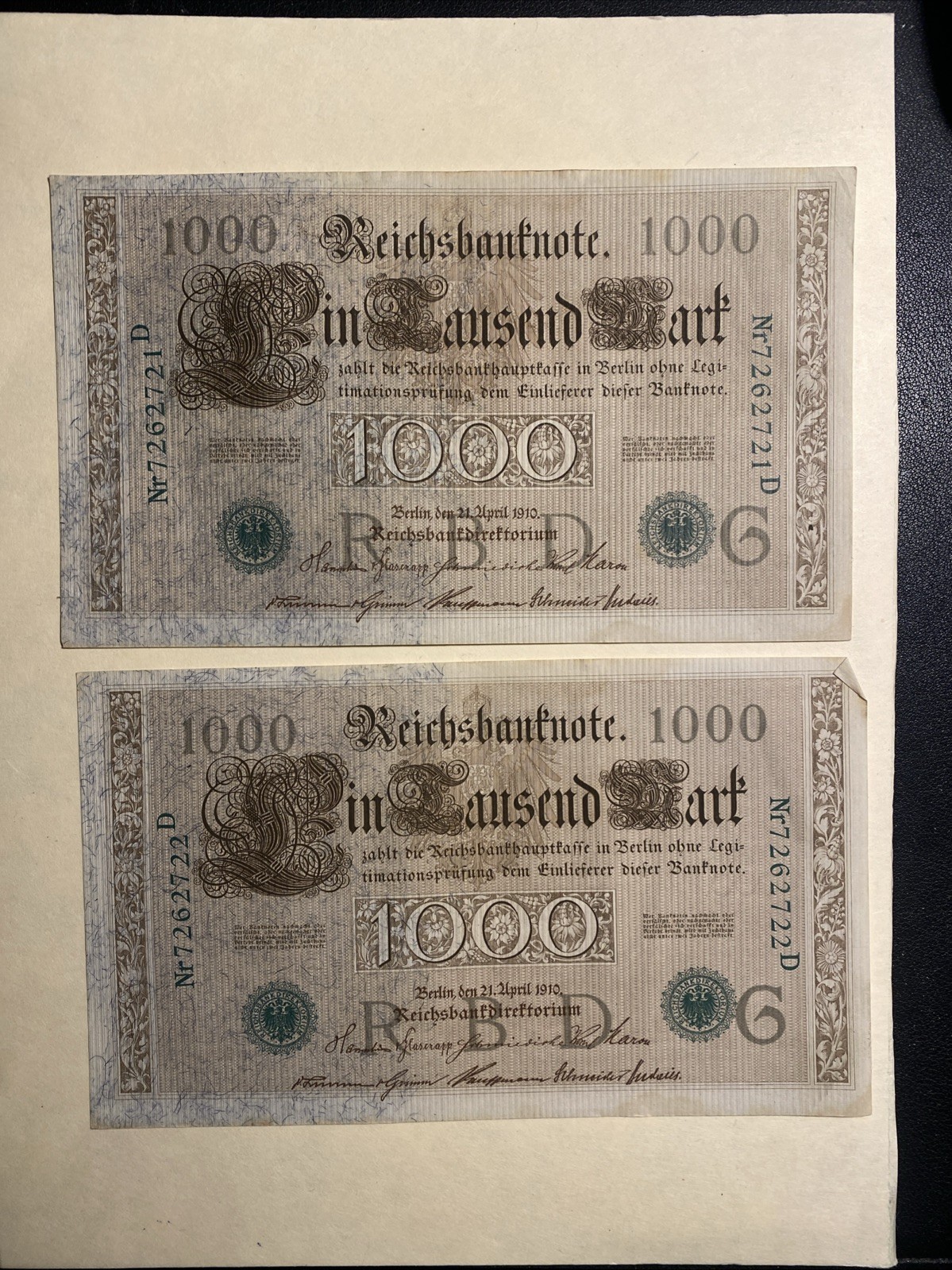 Germany 1910 1000 Marks 5pcs Consecutive Serial Numbers