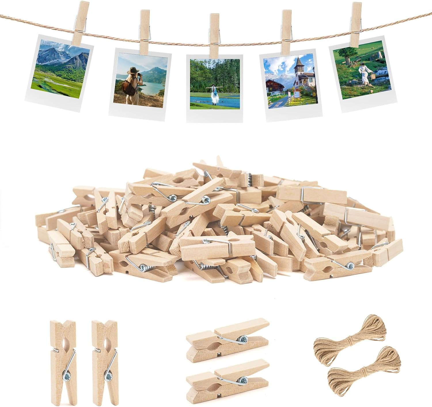 Mini Clothespins with String - 100Pcs Small Wooden Clothes Pins, Natural Brow...