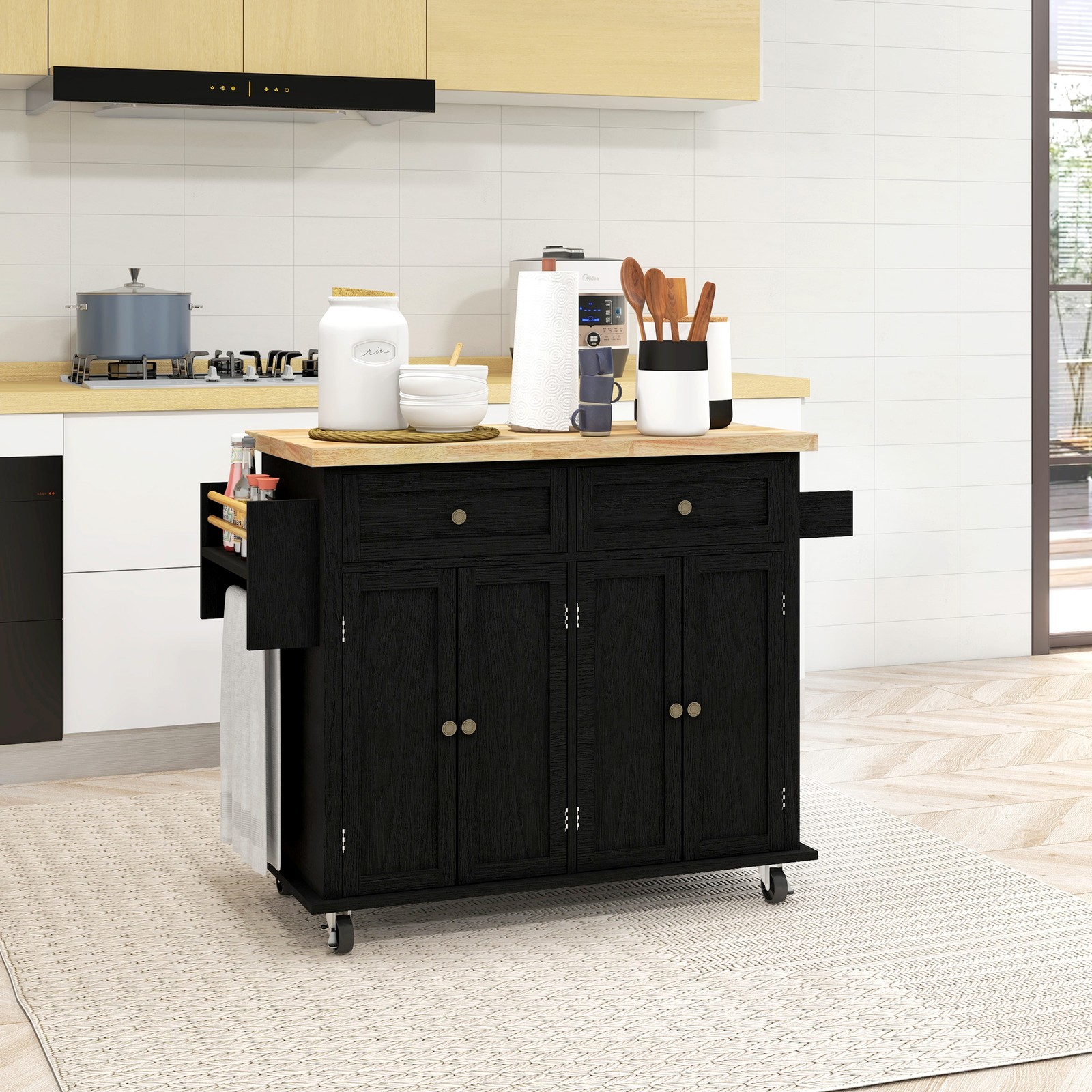 Modern Rolling Kitchen Island Cart with Spice Rack, Distressed Black