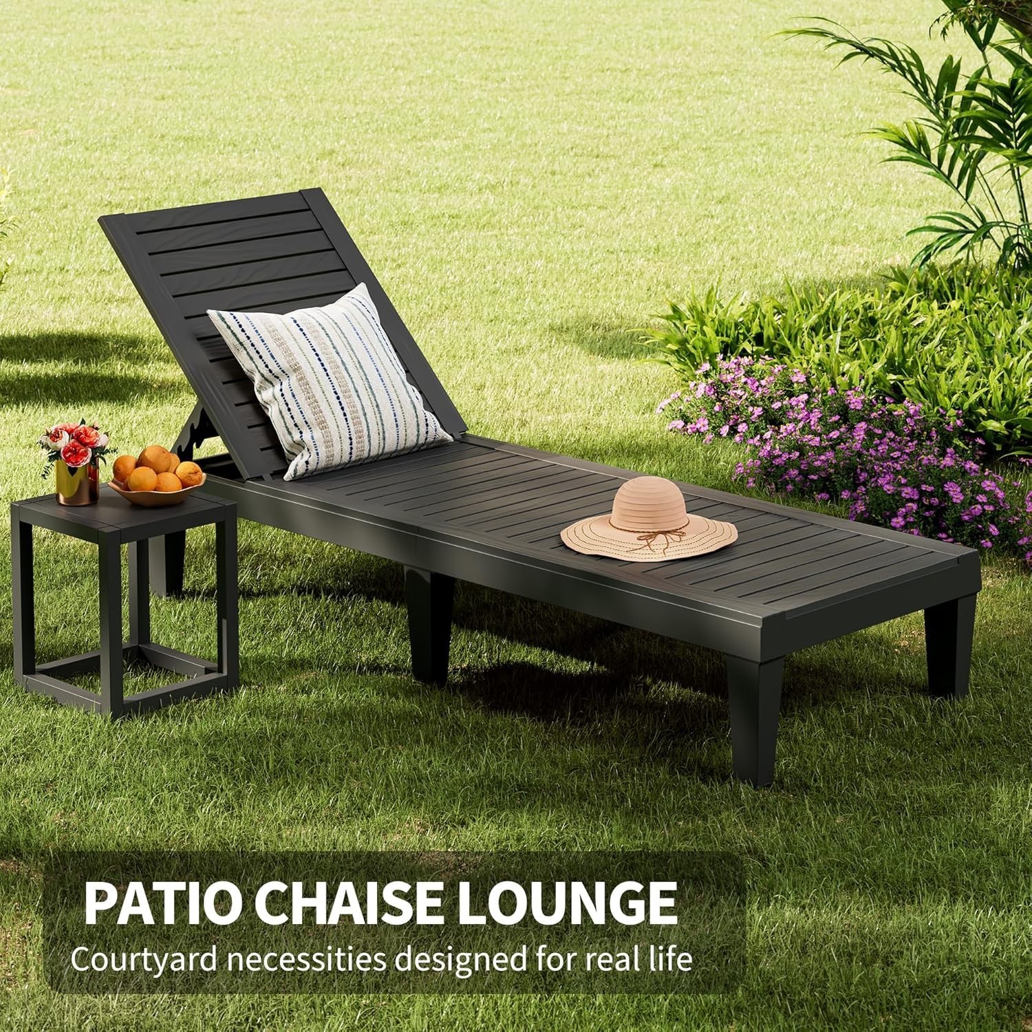 Set of 4 Outdoor Adjustable Chaise Lounge Chairs Wood Texture All-Weather Res...