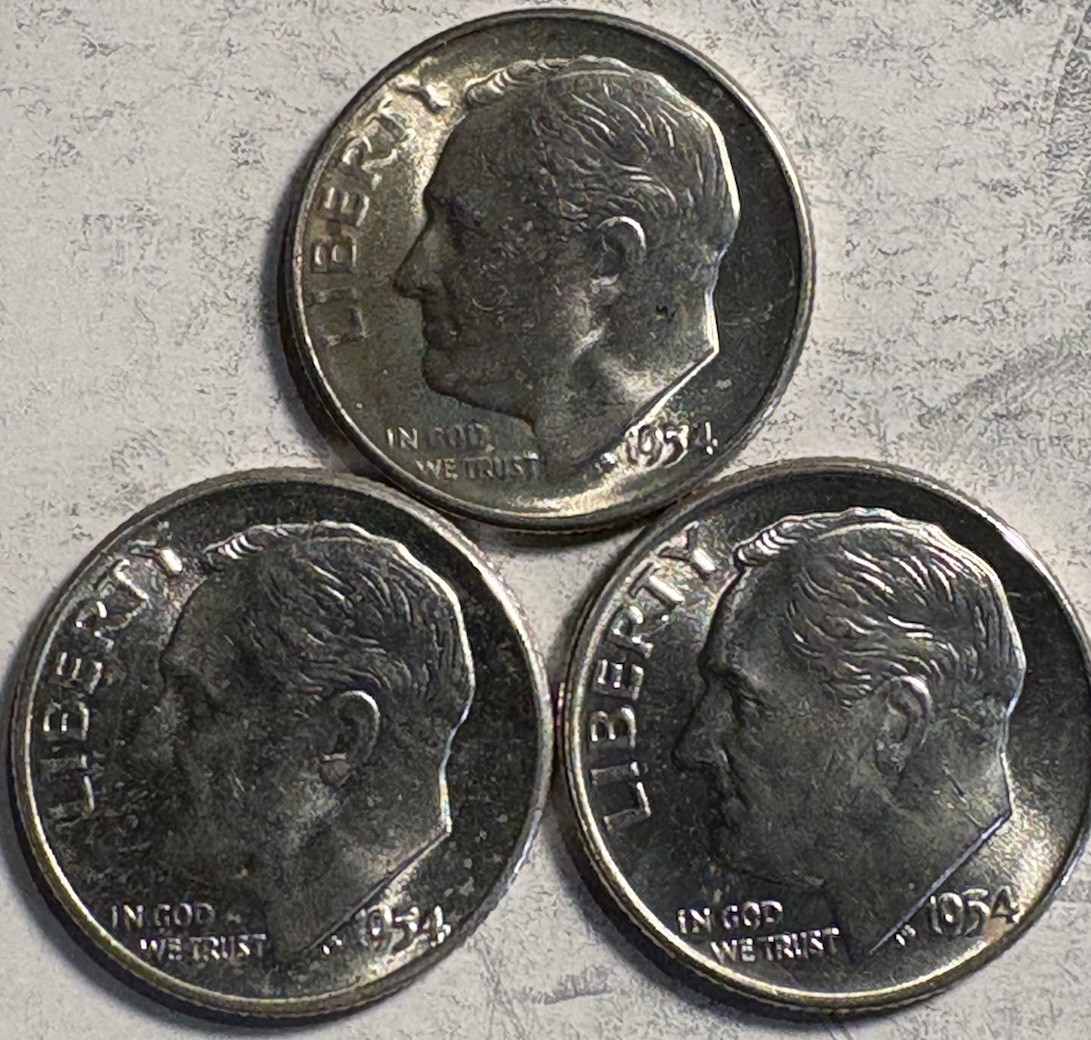 1954 P D S Roosevelt Dime BU Year Set 90% Silver 3 Coin Lot PDS Uncirculated